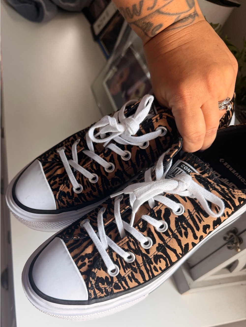 Women's Converse Leopard Print Platform Sneakers - White Laces - Picture 3 of 5
